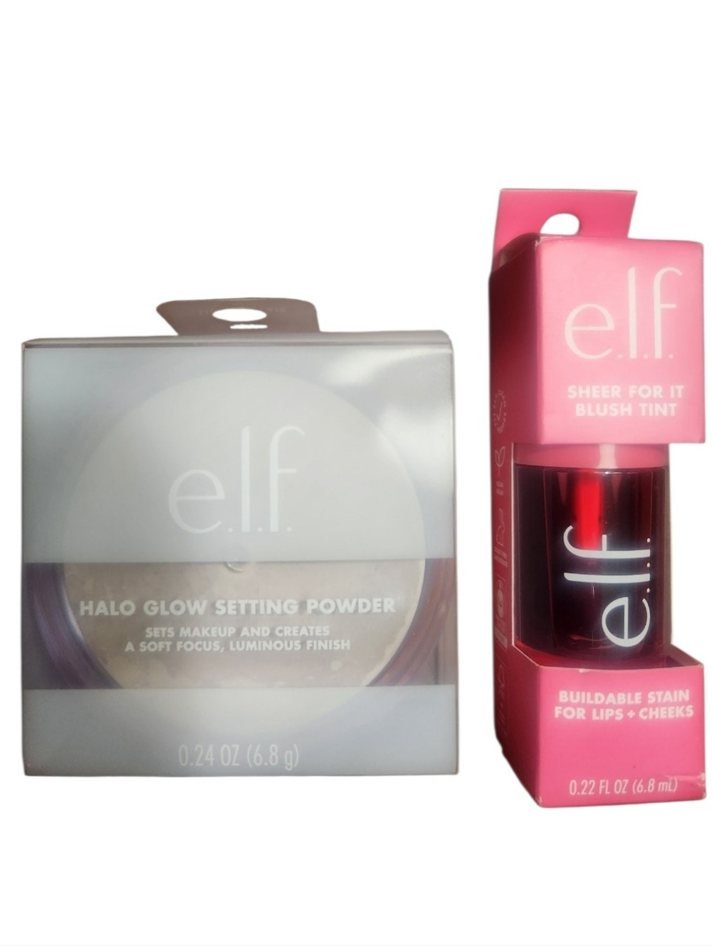 ELF Halo Glow Setting Powder Light/Clear & Sheer For It Blush Tint - Left on Red